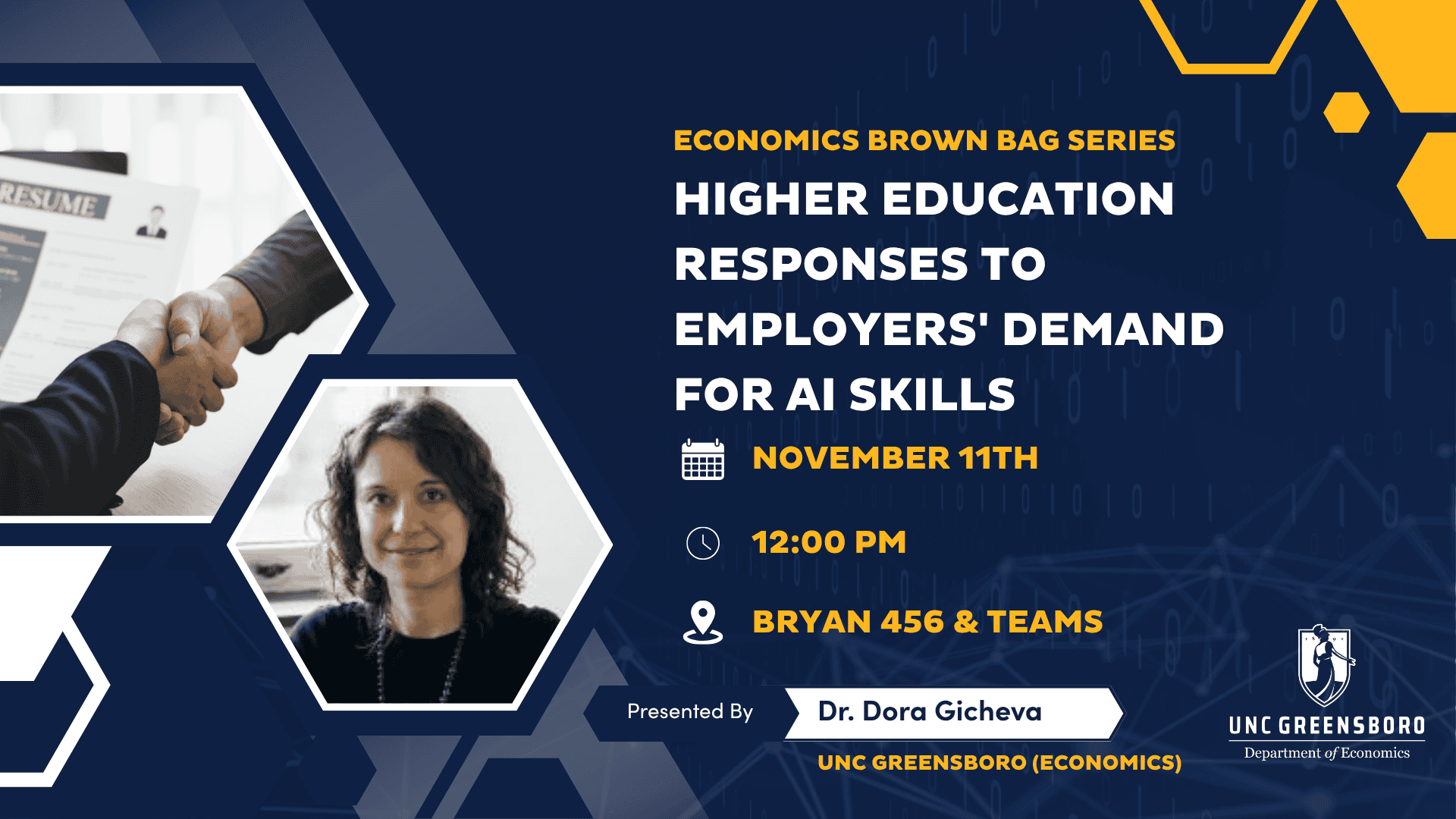 Flyer for Economics Brown Bag. Includes headshot of Dora Gicheva, UNCG branding, and images of people shaking hands, and a computer
