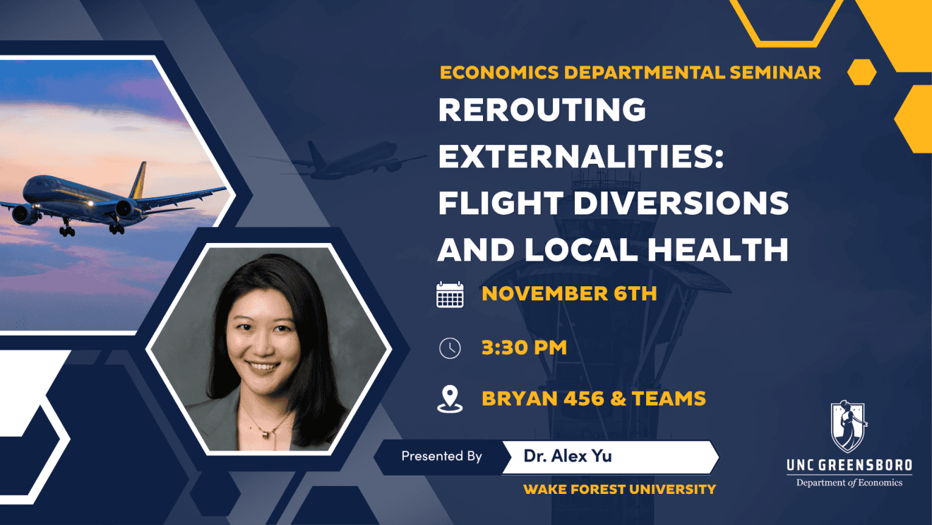 Flyer for Economics Department Seminar includes headshot of Alex Yu, UNCG branding, and images of airport and plane