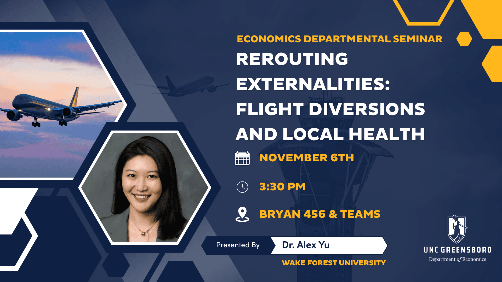 Flyer for Economics Department Seminar includes headshot of Alex Yu, UNCG branding, and images of airport and plane